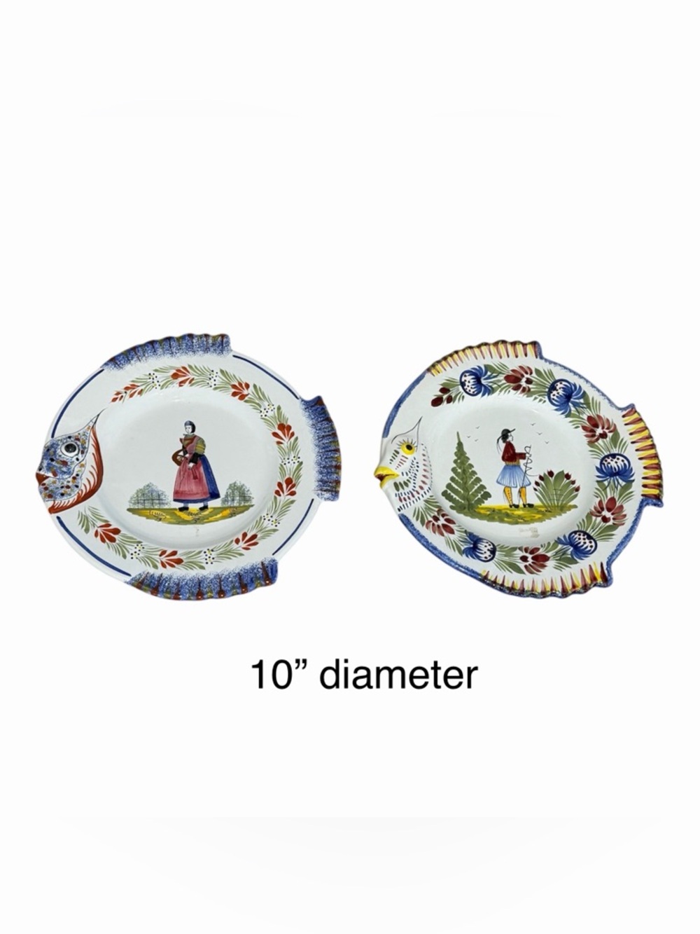 HB Henriot Quimper Fish Plates Set of 2 Hand Painted Signed Faience Breton Franc